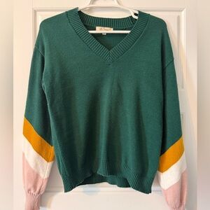 Les Serein Green V-Neck Sweater with Colorful Sleeves